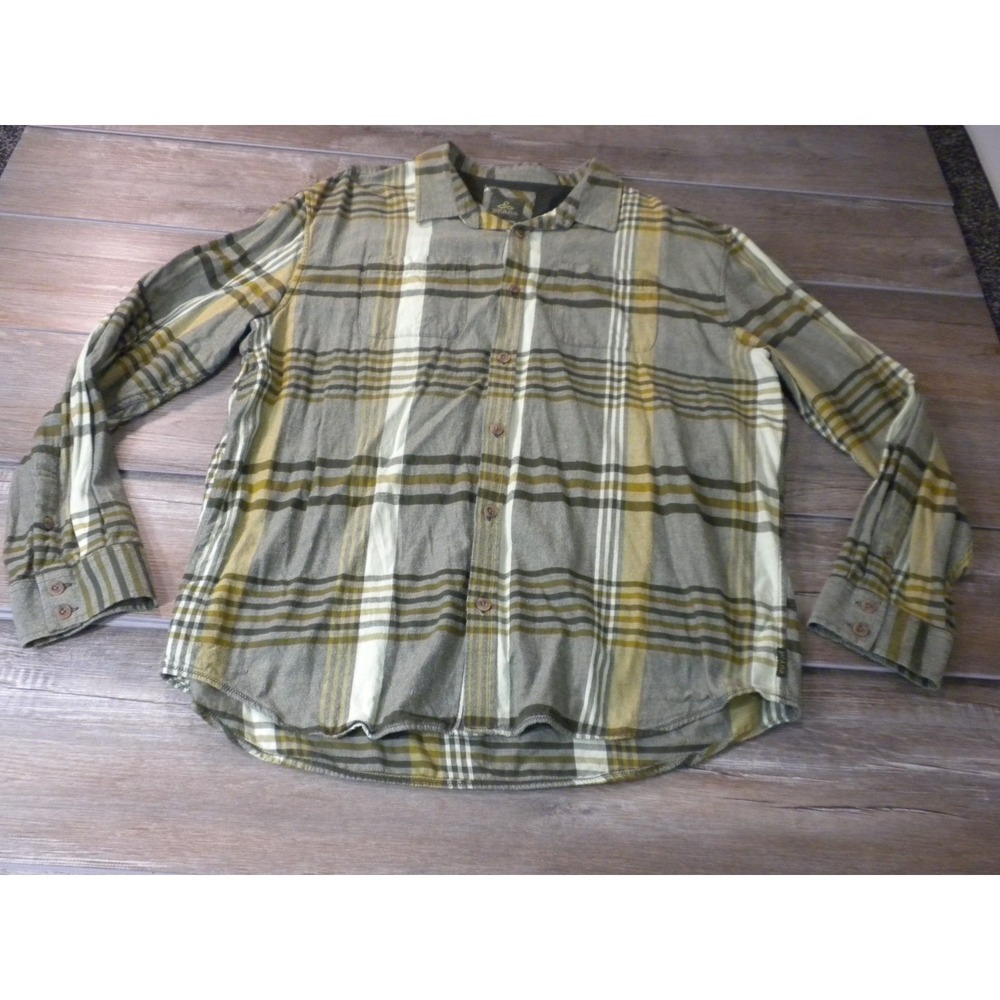 Prana Delaney Flannel Shirt Mens XXL Green Plaid Organic Cotton Earthcore Cabin